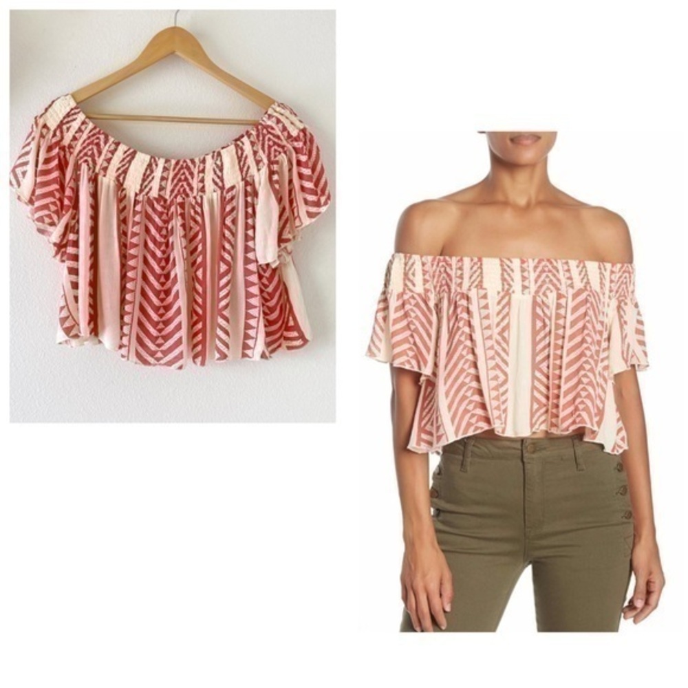 Elan Smocked Off the shoulder tribal Coral crop top NWT